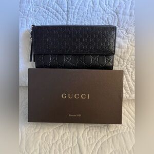 GUCCI Micro Guccissima GG Pattern Long Bifold Wallet Leather Black Gold